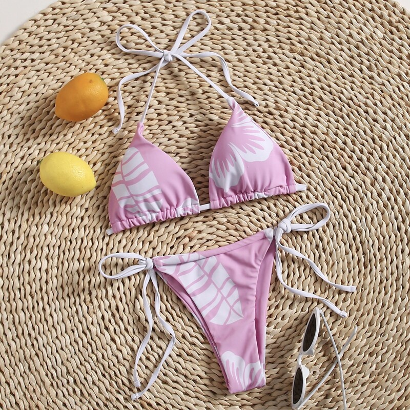 

Tie Side Halter Bikini Swimsuit, Pink