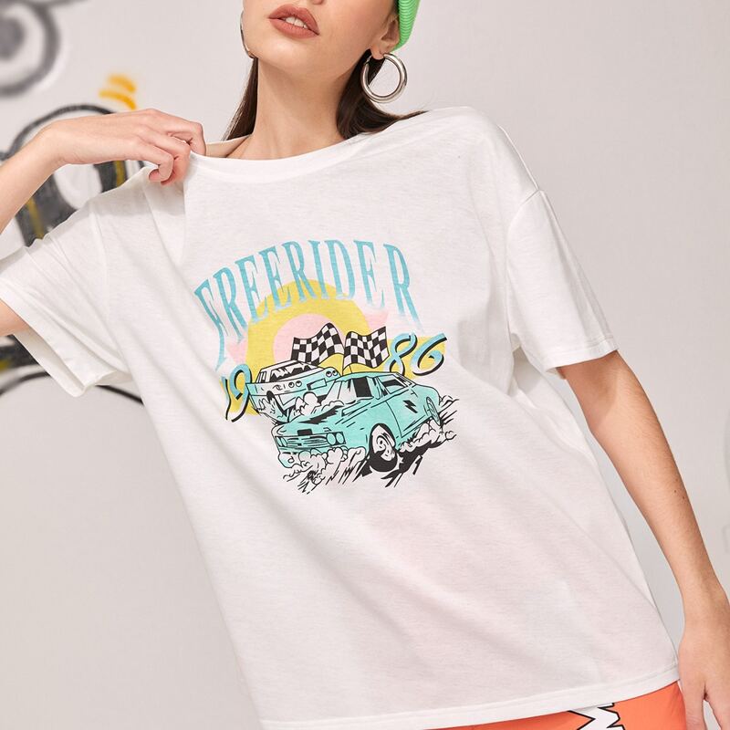 

Car & Letter Graphic Tee, White