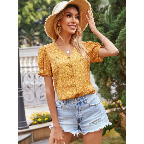 

Ditsy Floral Button Up Blouse, Mustard yellow