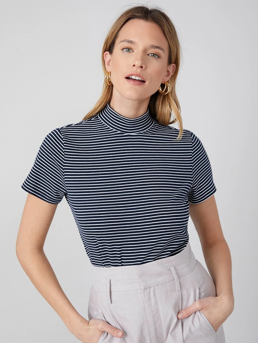 MOTF PREMIUM Camiseta de cuello alto de rayas - Azul y blanco - Ver 1