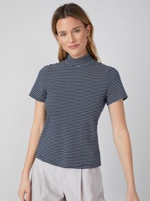 MOTF PREMIUM Áo thun Cổ giả Sọc - Xanh và trắng - Xem 8