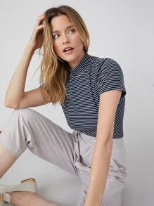 MOTF PREMIUM Áo thun Cổ giả Sọc - Xanh và trắng - Xem 9