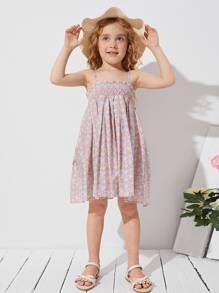 SHEIN 小女童打褶上身小碎花吊帶連衣裙 - 彩色 - 查看 1