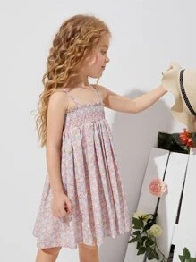 SHEIN 小女童打褶上身小碎花吊帶連衣裙 - 彩色 - 查看 4