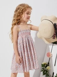 SHEIN 小女童打褶上身小碎花吊帶連衣裙 - 彩色 - 查看 5