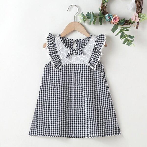 

Toddler Girls Gingham Print Ruffle Trim Dress, Black and white
