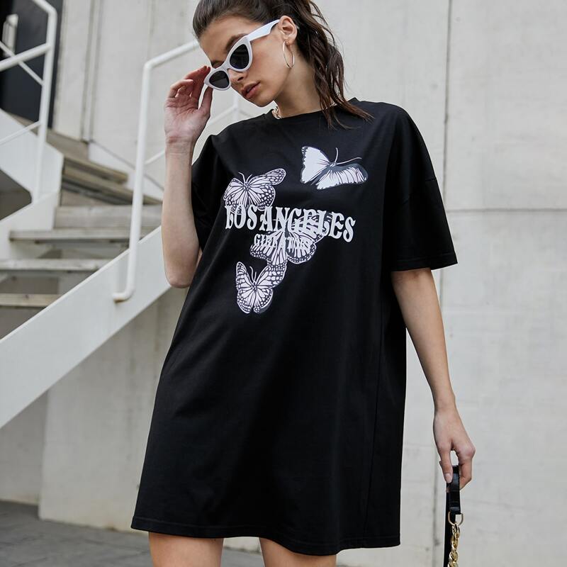 

Butterfly Print Tee Dress, Black