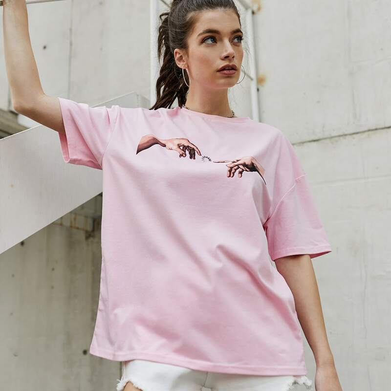 

Hands Graphic Oversized Tee, Baby pink