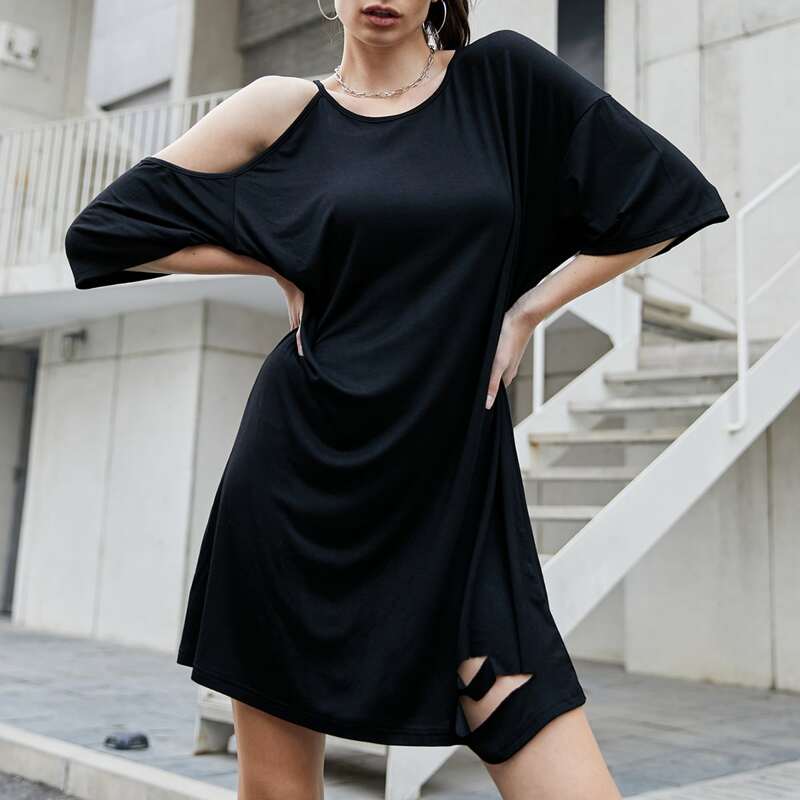 

Solid Ripped Tee Dress, Black