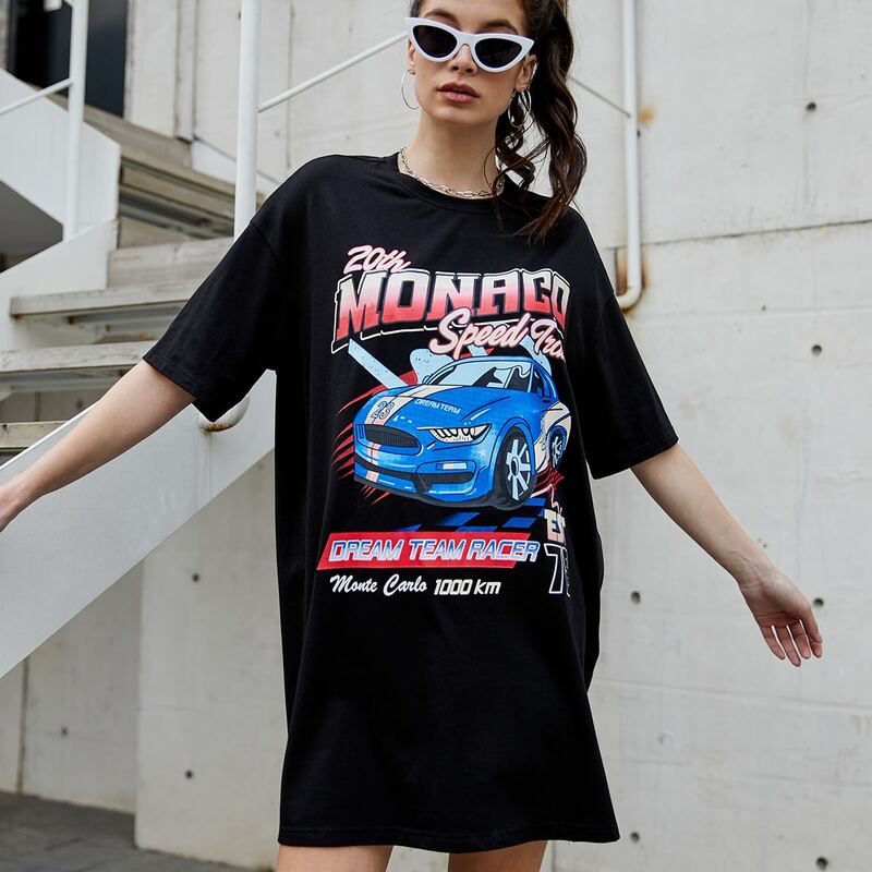 

Car & Letter Graphic Tee Dress, Black