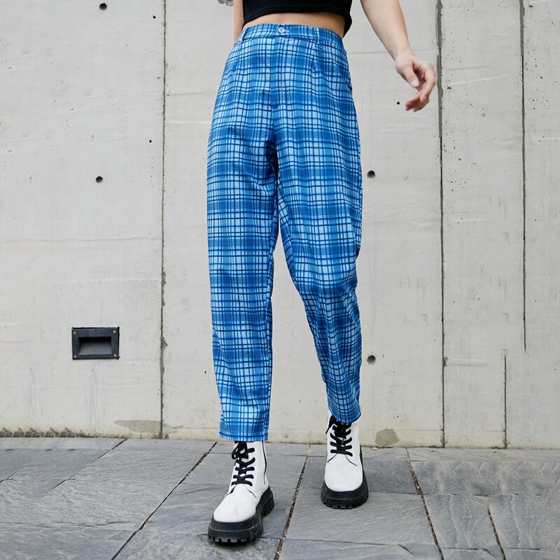 

Button Fly Plaid Pants, Blue