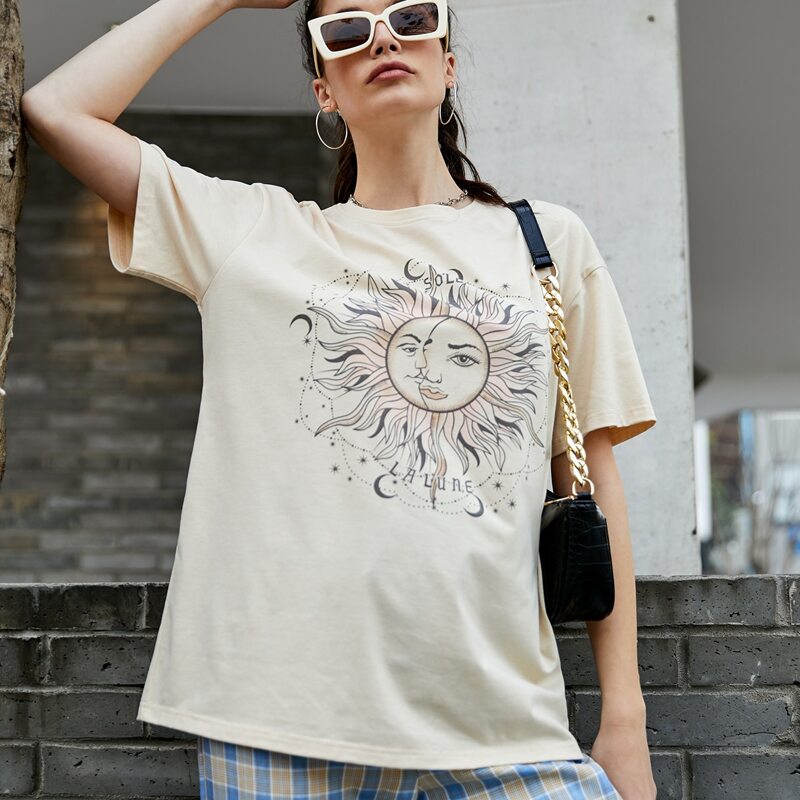 

Sun & Moon Graphic Oversized Tee, Beige