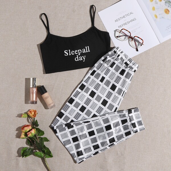 

Slogan Graphic Cami Top & Plaid Pants PJ Set, Black and white