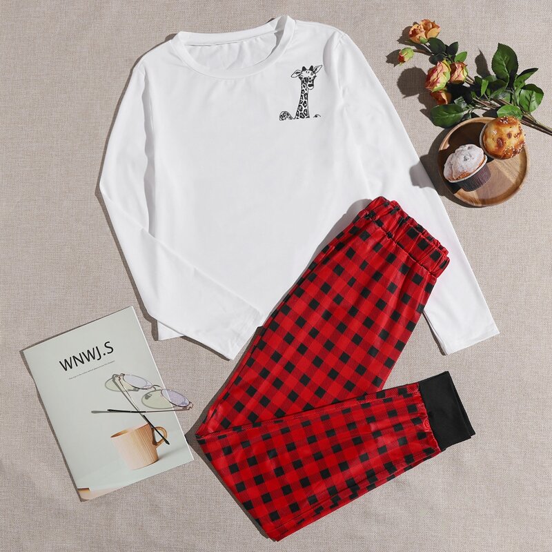 

Giraffe & Buffalo Plaid PJ Set, Red and white