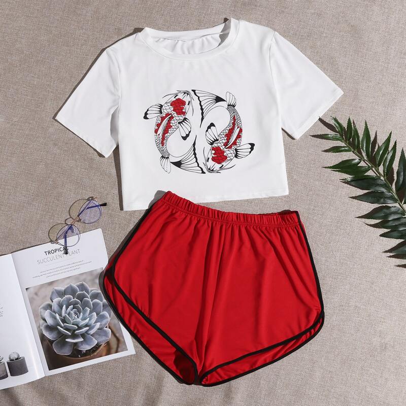 

Fish Print Tee & Shorts PJ Set, Red and white