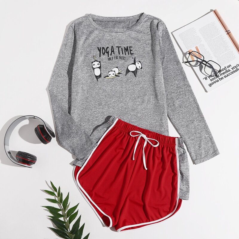 

Panda & Slogan Graphic PJ Set, Multicolor