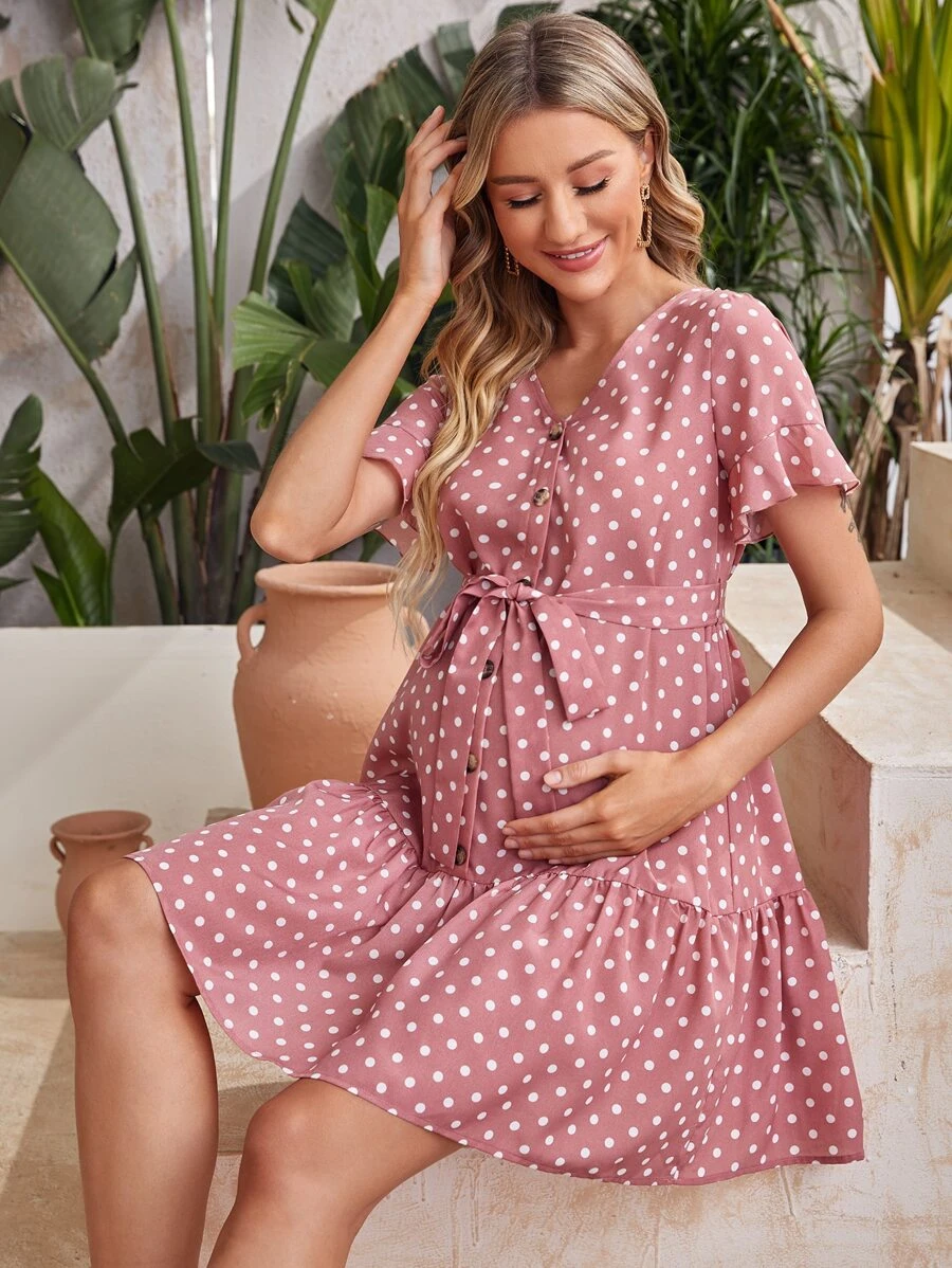 SHEIN Maternity Polka Dot Ruffle Hem Belted Dress - Dusty Pink - View 1