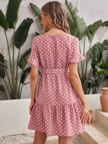 SHEIN Maternity Polka Dot Ruffle Hem Belted Dress - Dusty Pink - View 2