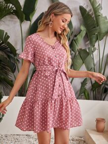 SHEIN Maternity Polka Dot Ruffle Hem Belted Dress - Dusty Pink - View 3