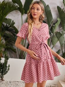 SHEIN Maternity Polka Dot Ruffle Hem Belted Dress - Dusty Pink - View 5