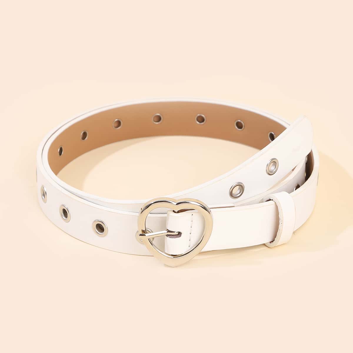 

Eyelet Decor Heart Buckle Belt, White