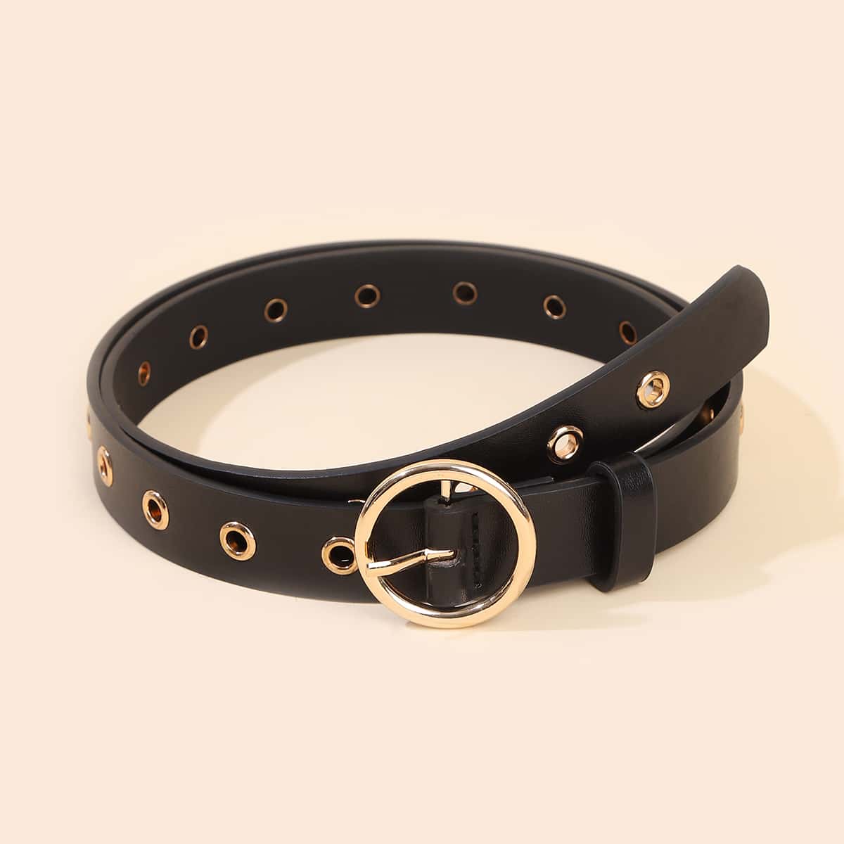 

Eyelet Decor Round Buckle Belt, Black