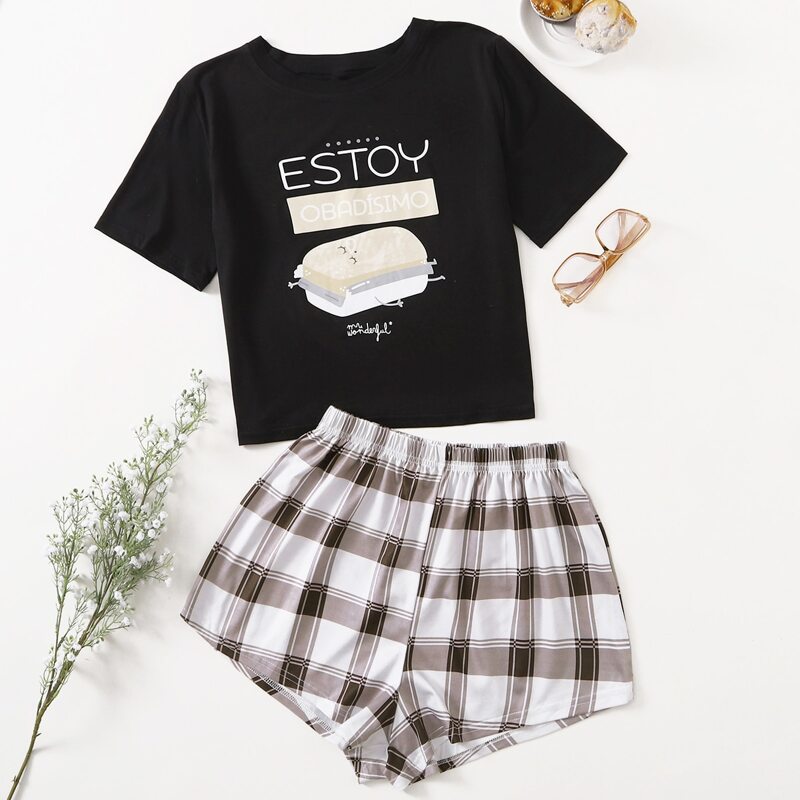 

Cartoon Graphic Tee & Plaid Shorts PJ Set, Multicolor