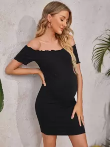 SHEIN Maternity Lettuce Trim Off Shoulder Dress - Black - View 1