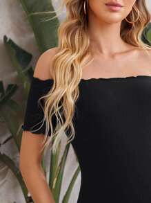 SHEIN Maternity Lettuce Trim Off Shoulder Dress - Black - View 4