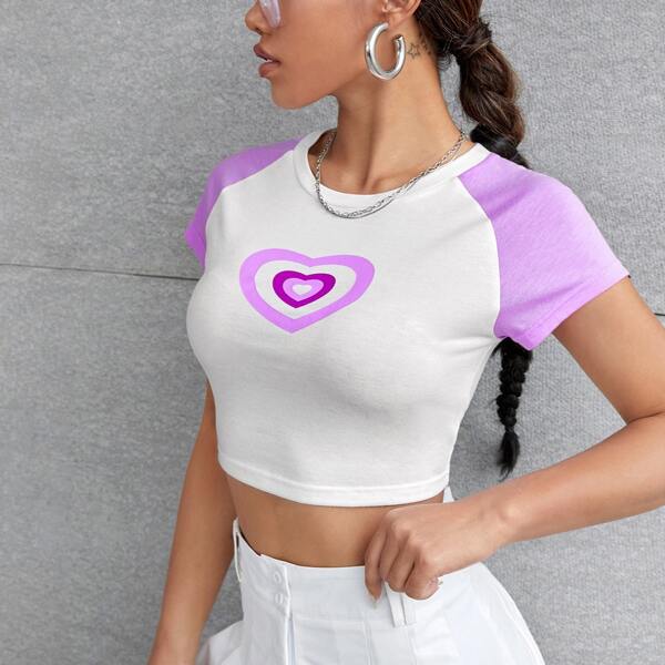 

Heart Print Raglan Sleeve Crop Tee, White