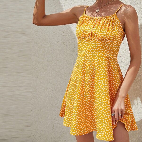 

Ruched Bust Ditsy Floral Print Cami Dress, Mustard yellow