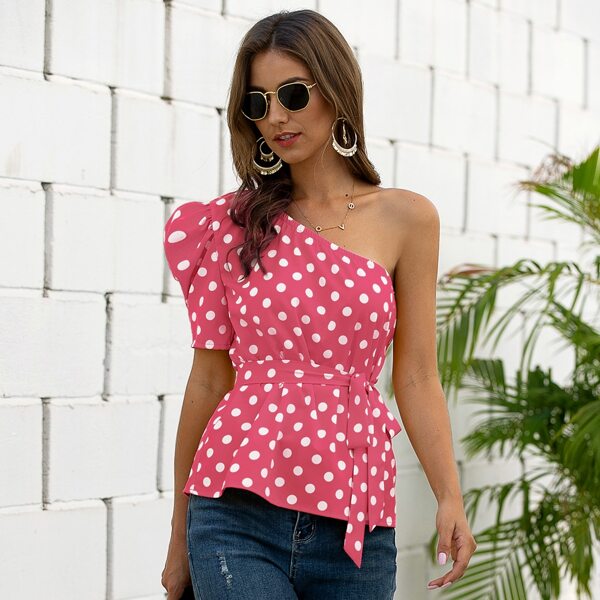

Polka Dot One Shoulder Puff Sleeve Belted Blouse, Pink