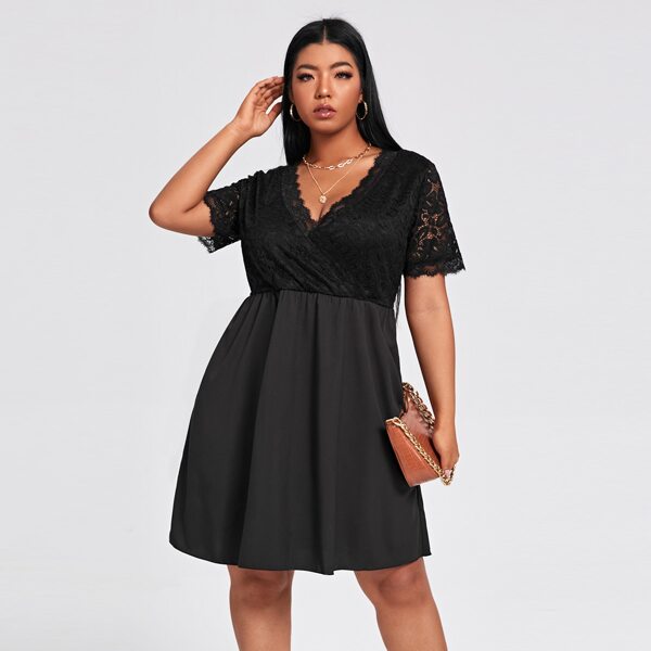 

Plus Contrast Lace Wrap Dress, Black