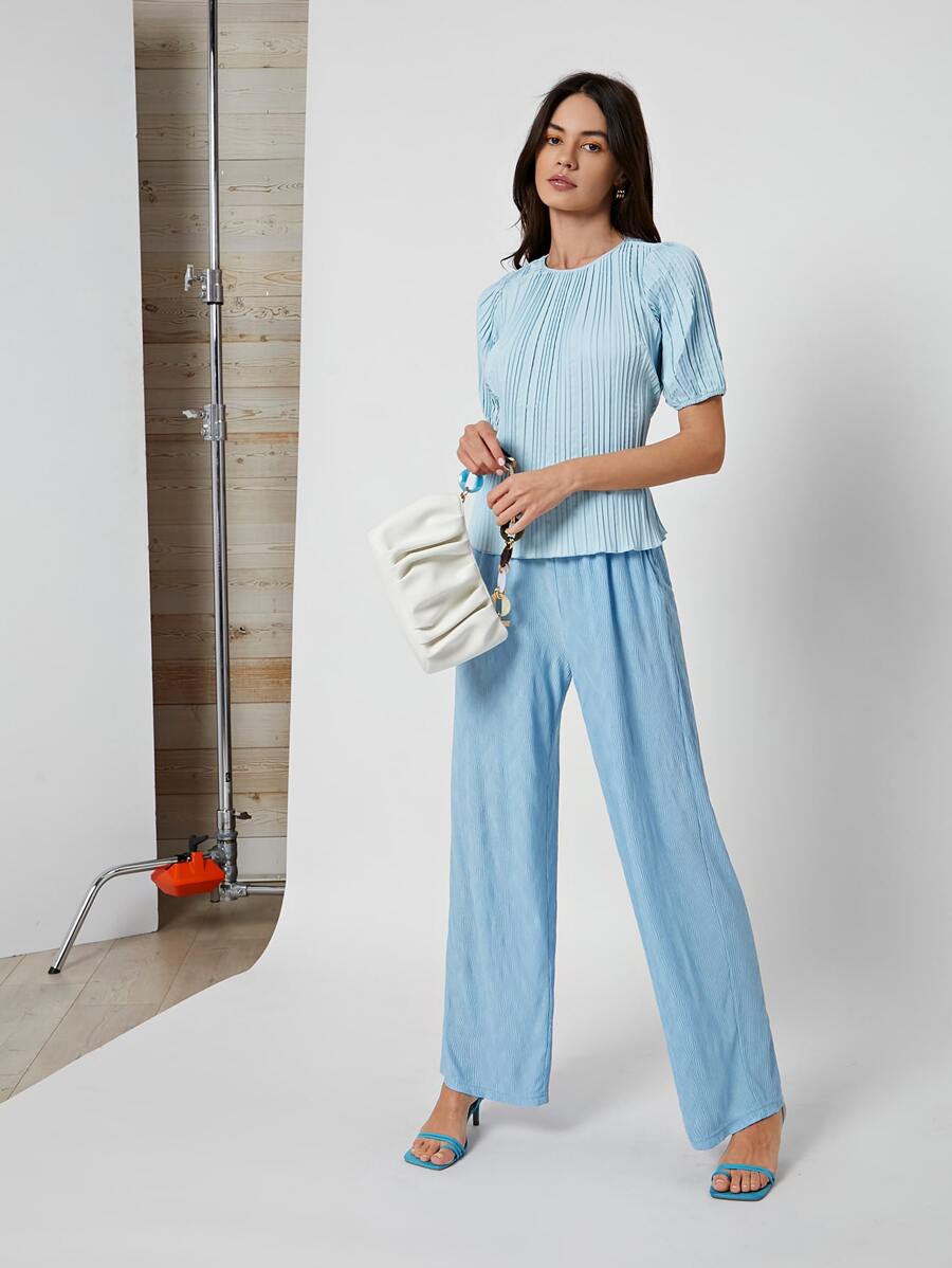SHEIN Solid Wide Leg Trousers - Baby Blue - View 1