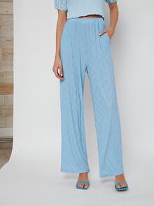 SHEIN Solid Wide Leg Trousers - Baby Blue - View 4