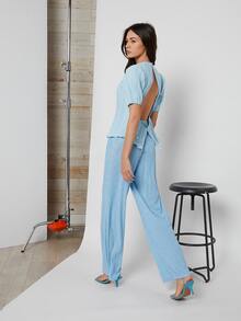 SHEIN Solid Wide Leg Trousers - Baby Blue - View 5