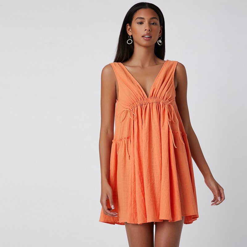 

Frill Trim Drawstring Waist Solid Dress, Coral orange