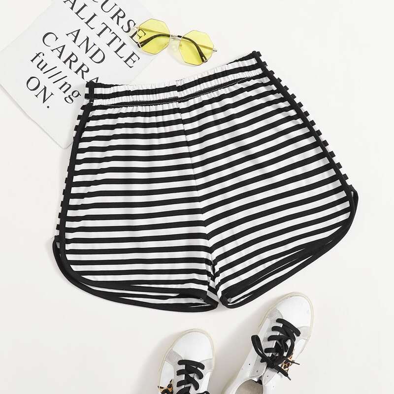 

Contrast Binding Striped Track Shorts, Black and white