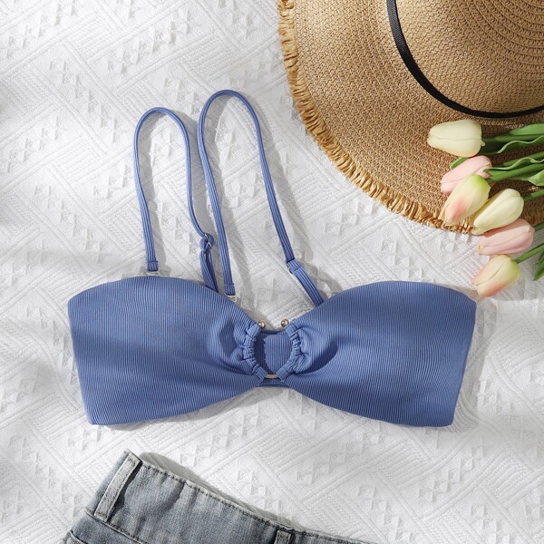 

Rib Ring Linked Bikini Top, Blue