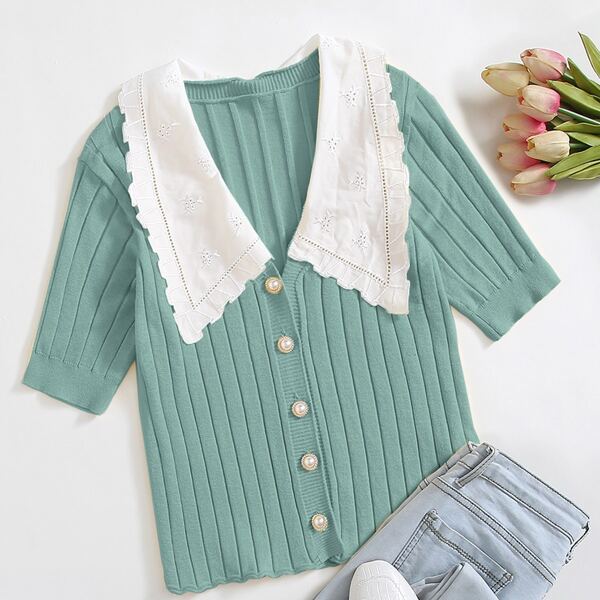 

Contrast Collar Button Up Cardigan, Green