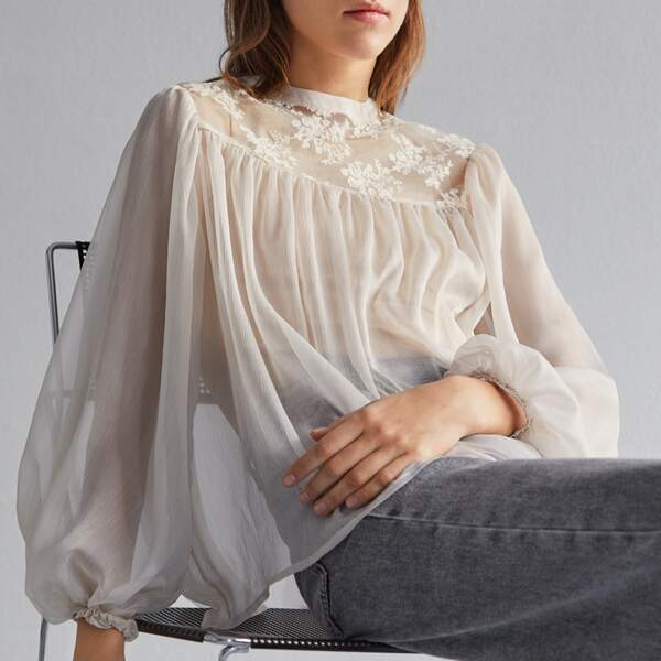 

Lantern Sleeve Embroidered Mesh Yoke Sheer Top, Beige
