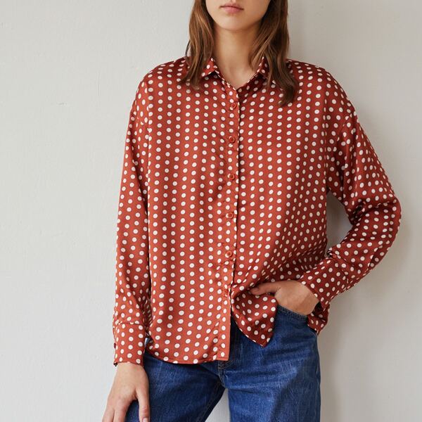 

Polka Dot Print Drop Shoulder Satin Blouse, Rust brown