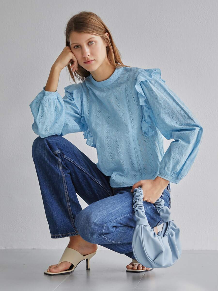 SHEIN Top schiffy con cremallera trasera ribete fruncido - Celeste - Ver 1