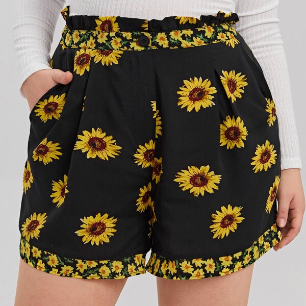 

Plus Paperbag Waist Sunflower Print Shorts, Black