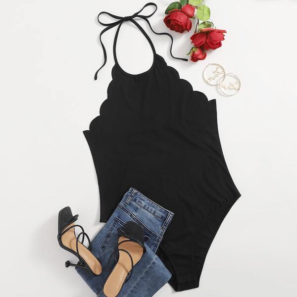 

Plus Scallop Trim Halter Bodysuit, Black