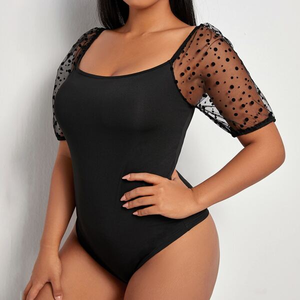 

Plus Contrast Dobby Mesh Sleeve Bodysuit, Black
