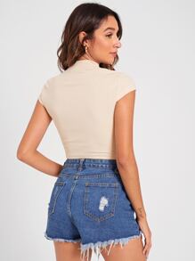 Mackenzie Miller Mock Neck Cap Sleeve Solid Crop Tee