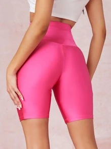 SHEIN Neon Pink High-Rise Cycling Shorts - Hot Pink - View 2