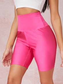 SHEIN Neon Pink High-Rise Cycling Shorts - Hot Pink - View 3