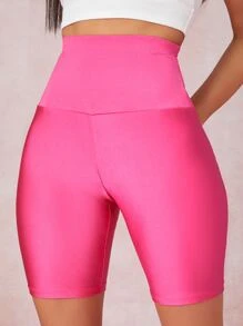 SHEIN Neon Pink High-Rise Cycling Shorts - Hot Pink - View 4